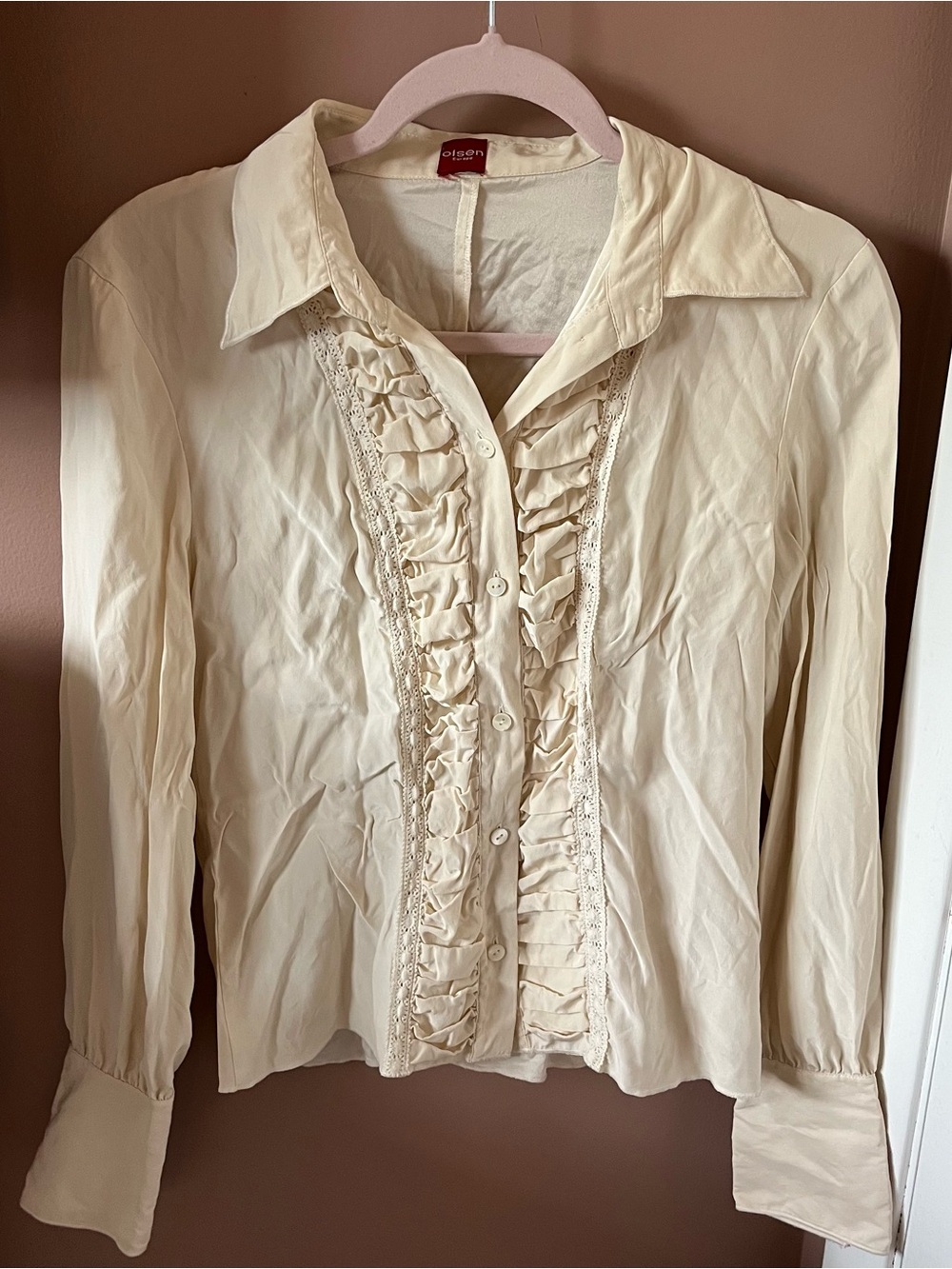 Vintage 90s Y2K Olsen Europe Cream Ruffle & Eyelet Silk Button Front Blouse Top
